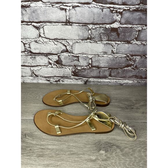J. Crew Metallic Gold Leather Ankle Wrap Around Sandals Women’s Sz 7.5M US/38EU - Picture 1 of 16